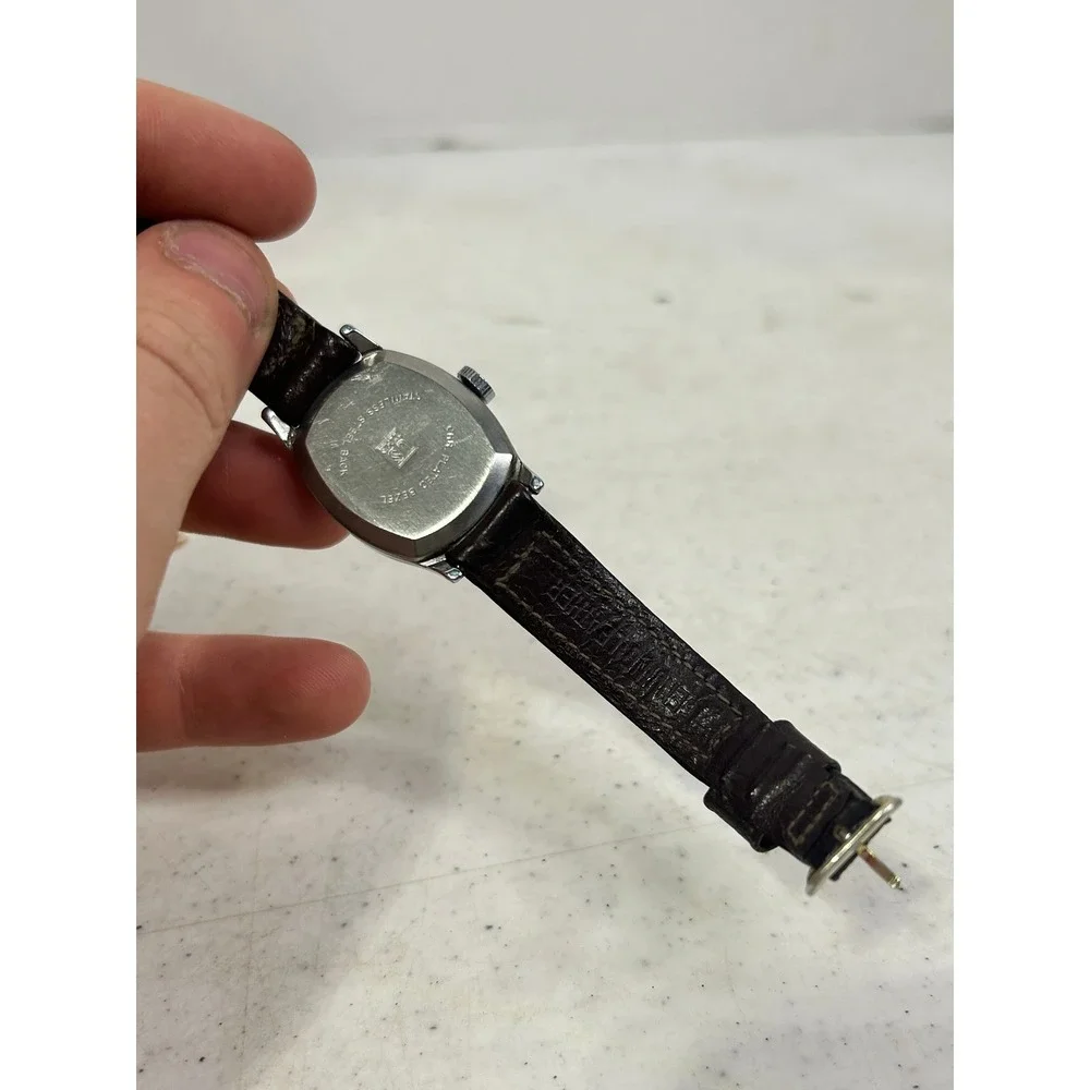 Vintage Mickey Mouse Watch US Time Manual Wind Chrome Bezel Brown Leather Strap